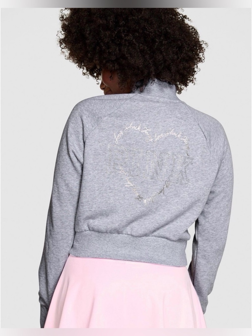 VS PINK X LOVESHACKFANCY REISSUED FULL ZIP JACKET HEATHER GRAY DOG BOW BLING NWT